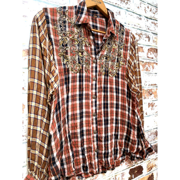 Free People Gold Embroidery Copper Two Tone Plaid Flowing Button Down Blouse - Picture 4 of 10